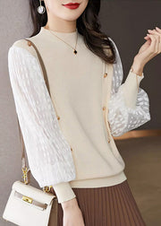 Elegant Pink Half High Neck Patchwork Knit Pullover Spring