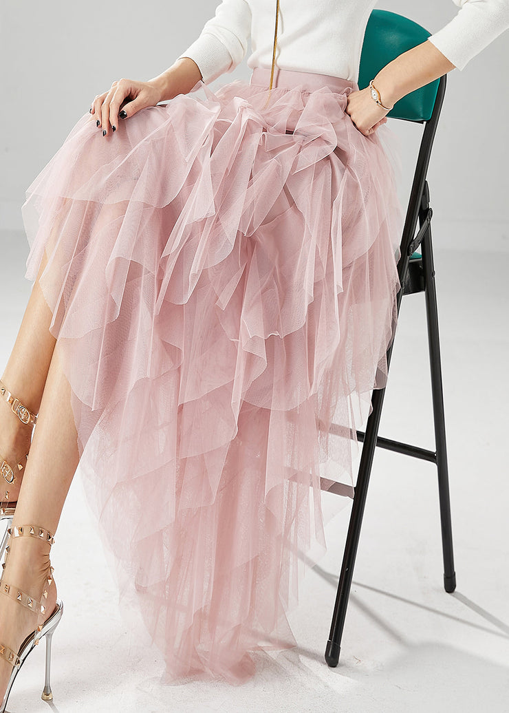 Elegant Pink High Waist Ruffles Tulle Skirt Summer