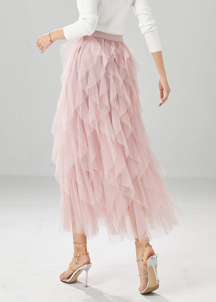 Elegant Pink High Waist Ruffles Tulle Skirt Summer