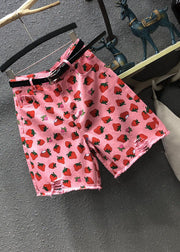 Elegant Pink High Waist Strawberry Print Patchwork Half Straight Pants