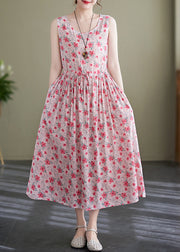 Elegant Pink Lace Up Wrinkled Print Cotton Long Dress Sleeveless