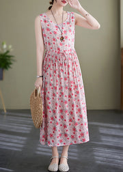 Elegant Pink Lace Up Wrinkled Print Cotton Long Dress Sleeveless
