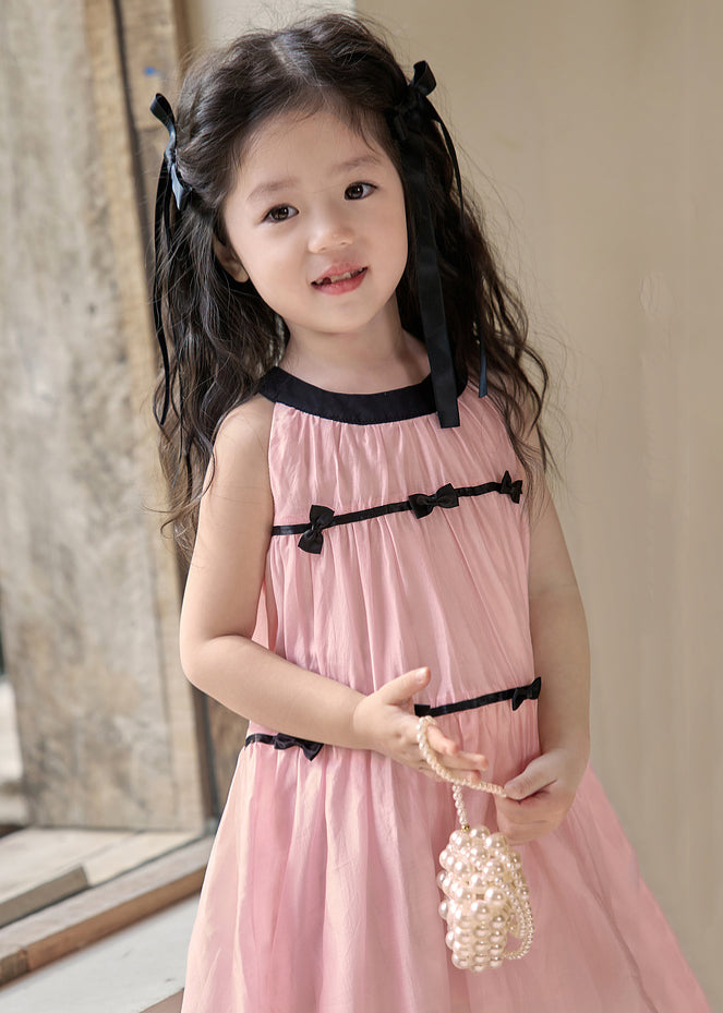 Elegant Pink O Neck Bow Cotton Girls Dresses Sleeveless
