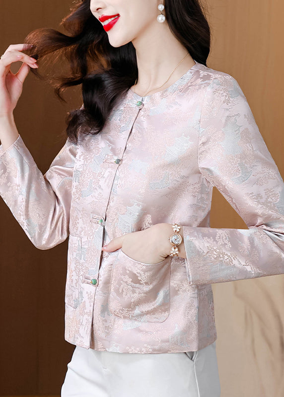 Elegant Pink O Neck Button Pockets Silk Coat Fall