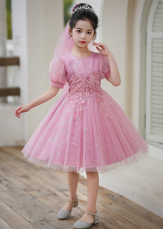 Elegant Pink O-Neck Embroideried Tulle Kids Long Dress Short Sleeve