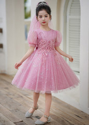 Elegant Pink O-Neck Embroideried Tulle Kids Long Dress Short Sleeve