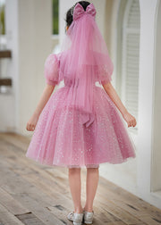 Elegant Pink O-Neck Embroideried Tulle Kids Long Dress Short Sleeve