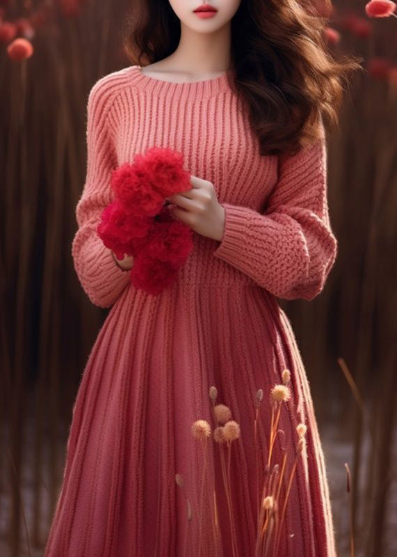 Elegant Pink O Neck High Waist Solid Knit Sweater Dress Winter