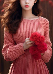 Elegant Pink O Neck High Waist Solid Knit Sweater Dress Winter