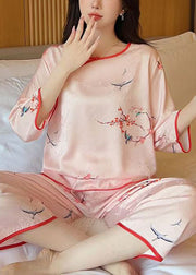 Elegant Pink O Neck Print Ice Silk Pajamas Two Pieces Set Half Sleeve