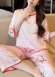 Elegant Pink O Neck Print Ice Silk Pajamas Two Pieces Set Half Sleeve