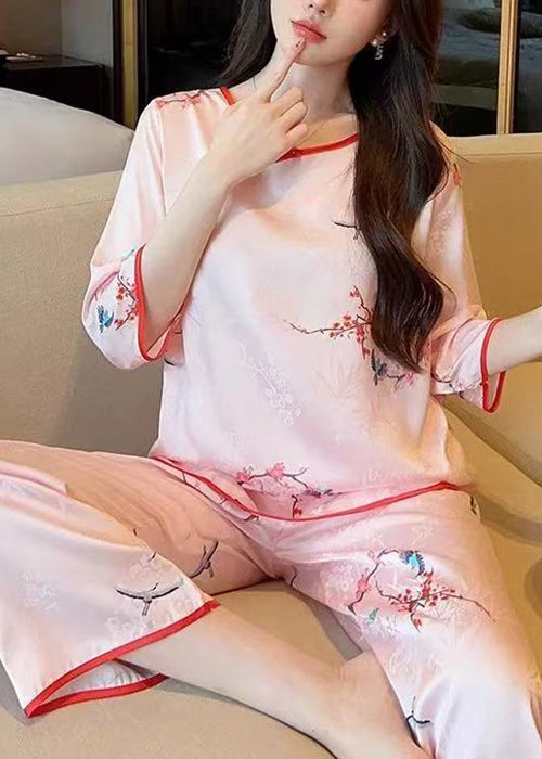 Elegant Pink O Neck Print Ice Silk Pajamas Two Pieces Set Half Sleeve