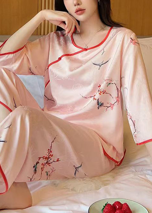 Elegant Pink O Neck Print Ice Silk Pajamas Two Pieces Set Half Sleeve