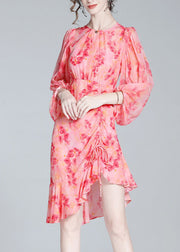 Elegant Pink O-Neck Print Tunic Slim Vacation Long Dresses Lantern Sleeve