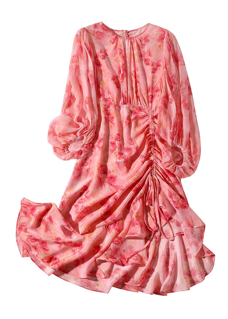 Elegant Pink O-Neck Print Tunic Slim Vacation Long Dresses Lantern Sleeve