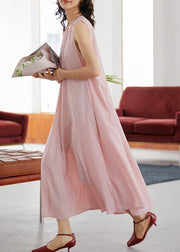 Elegant Pink O-Neck Wrinkled Long A Line Dresses Sleeveless