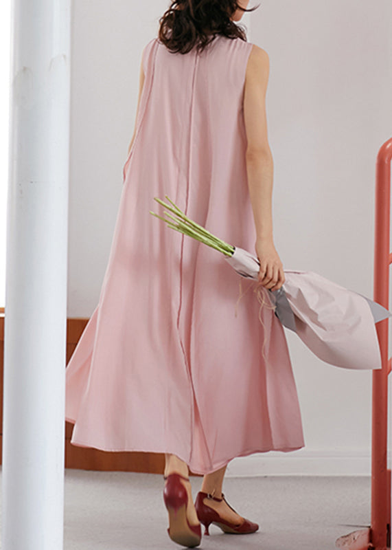 Elegant Pink O-Neck Wrinkled Long A Line Dresses Sleeveless