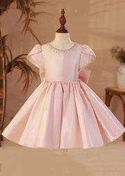 Elegant Pink O-Neck Wrinkled Tassel Patchwork Girls Mid Dresses Summer