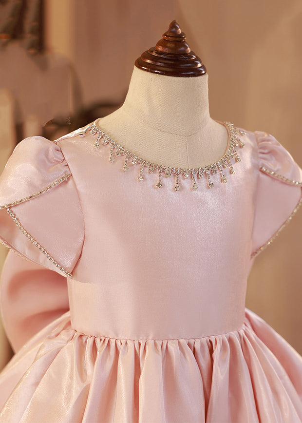 Elegant Pink O-Neck Wrinkled Tassel Patchwork Girls Mid Dresses Summer