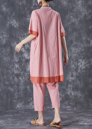 Elegant Pink Patchwork Lace Up Linen Dress And Pants Two Pieces Set Summer