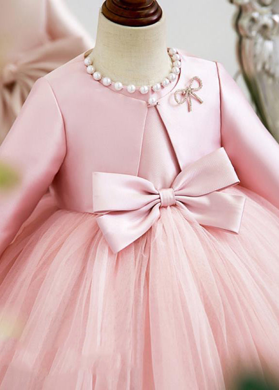 Elegant Pink Patchwork Tulle Girls Coats And Long Dress Two Pieces Set Spring