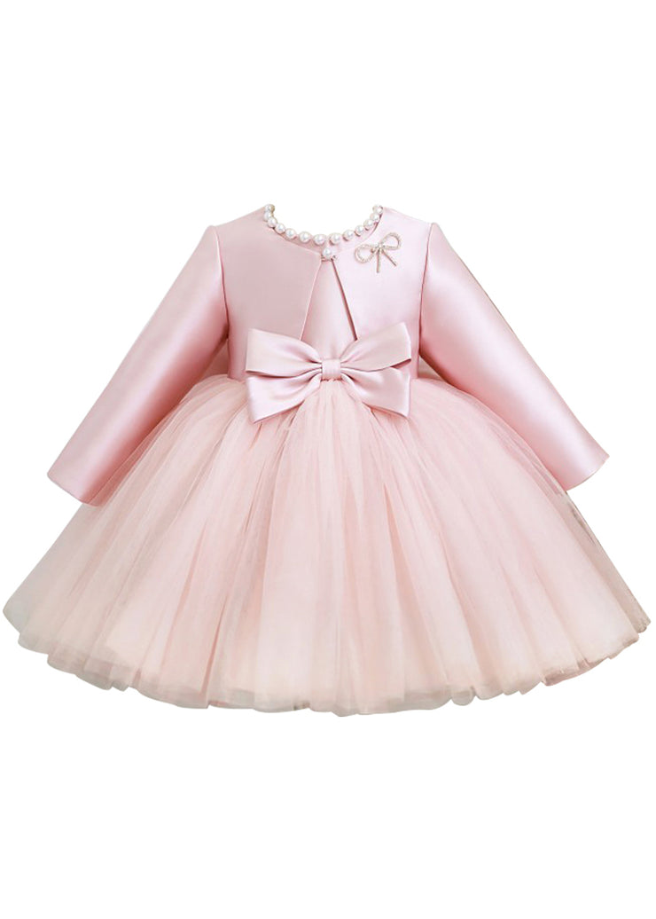 Elegant Pink Patchwork Tulle Girls Coats And Long Dress Two Pieces Set Spring