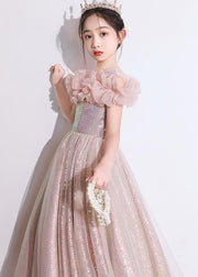 Elegant Pink Patchwork Tulle Girls Maxi Dresses Short Sleeve