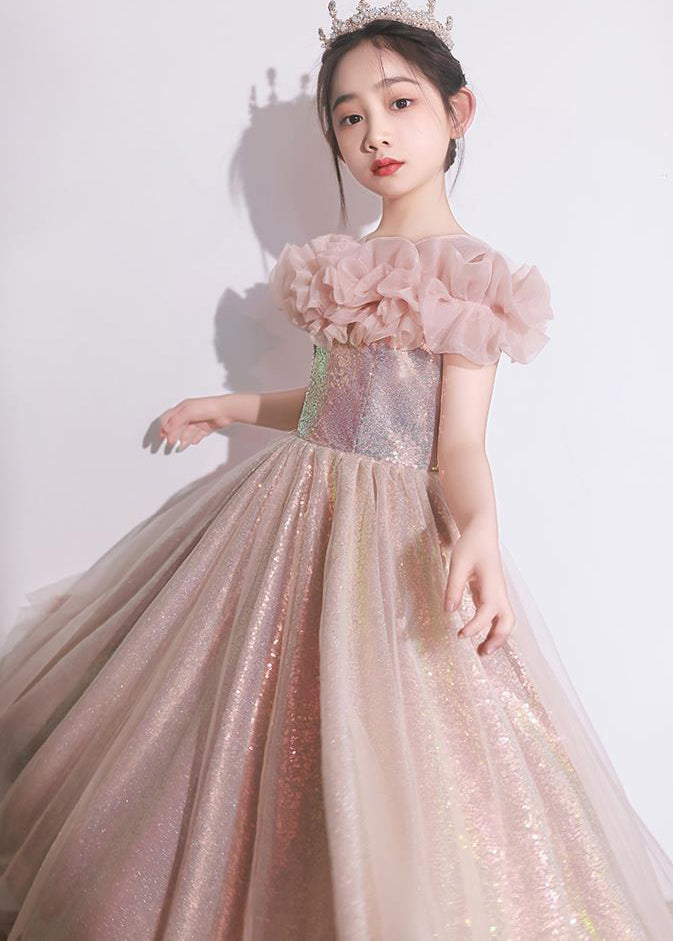 Elegant Pink Patchwork Tulle Girls Maxi Dresses Short Sleeve