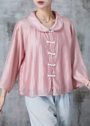 Elegant Pink Peter Pan Collar Chinese Button Silk Shirts Summer