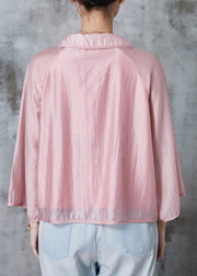 Elegant Pink Peter Pan Collar Chinese Button Silk Shirts Summer