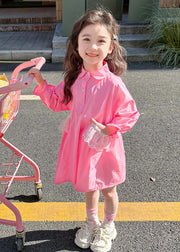 Elegant Pink Peter Pan Collar Patchwork Button Kids Long Shirts Dress Fall