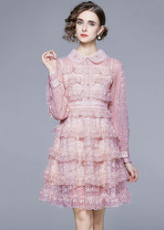 Elegant Pink Peter Pan Collar Ruffles Patchwork Mid Dress Long Sleeve