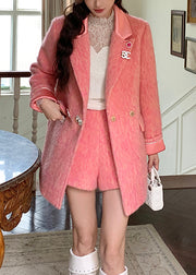 Elegant Pink Peter Pan Collar Zircon Woolen Coats Winter