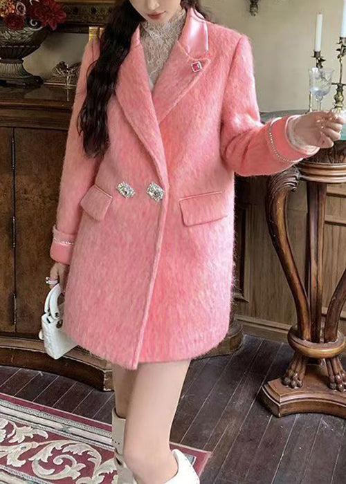 Elegant Pink Peter Pan Collar Zircon Woolen Coats Winter