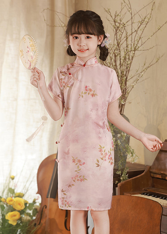 Elegant Pink Print Button Kids Long Dress Summer