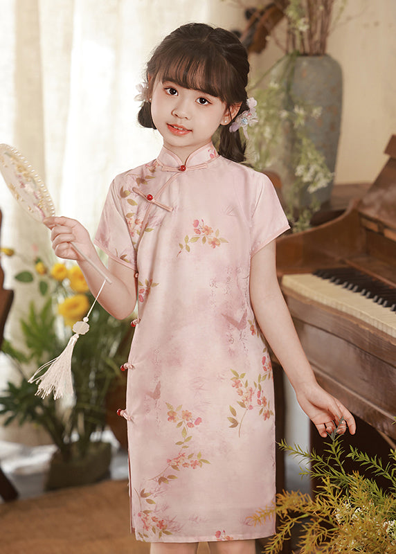 Elegant Pink Print Button Kids Long Dress Summer