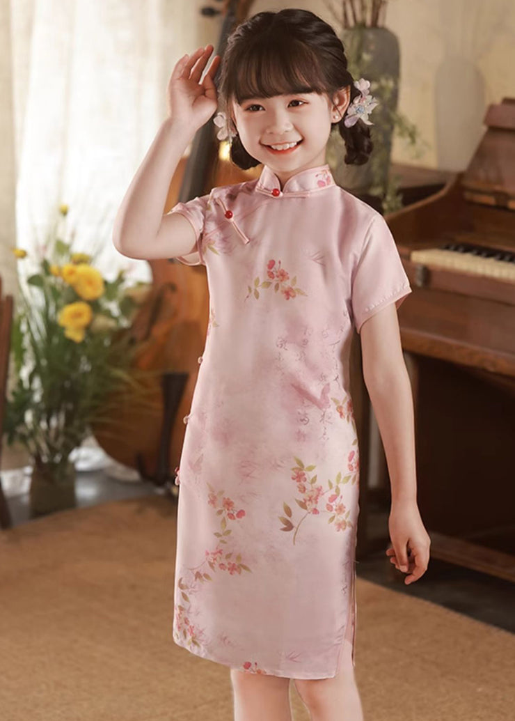 Elegant Pink Print Button Kids Long Dress Summer