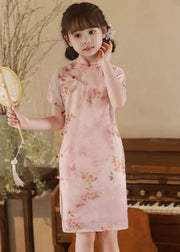 Elegant Pink Print Button Kids Long Dress Summer