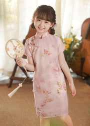 Elegant Pink Print Button Kids Long Dress Summer