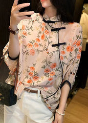 Elegant Pink Print Button Side Open Chiffon Shirt Bracelet Sleeve