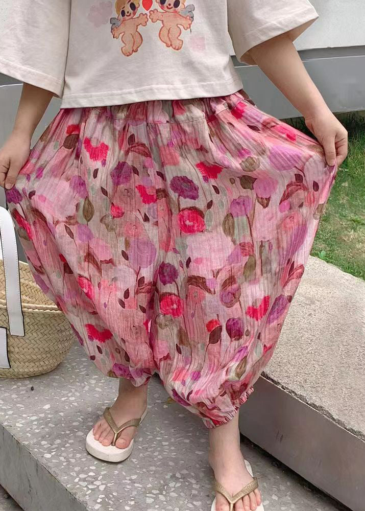 Elegant Pink Print Elastic Waist Kids Lantern Pants Summer