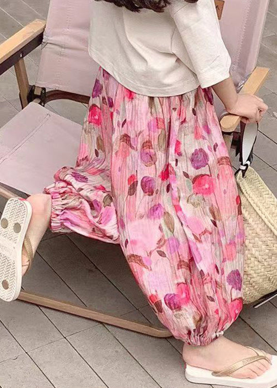 Elegant Pink Print Elastic Waist Kids Lantern Pants Summer