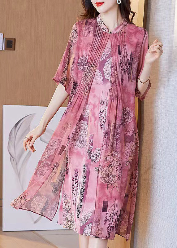 Elegant Pink Print False Two Pieces Silk Dress Half Sleeve