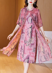 Elegant Pink Print False Two Pieces Silk Dress Half Sleeve