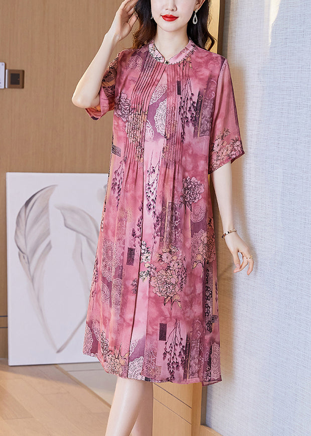 Elegant Pink Print False Two Pieces Silk Dress Half Sleeve