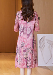 Elegant Pink Print False Two Pieces Silk Dress Half Sleeve