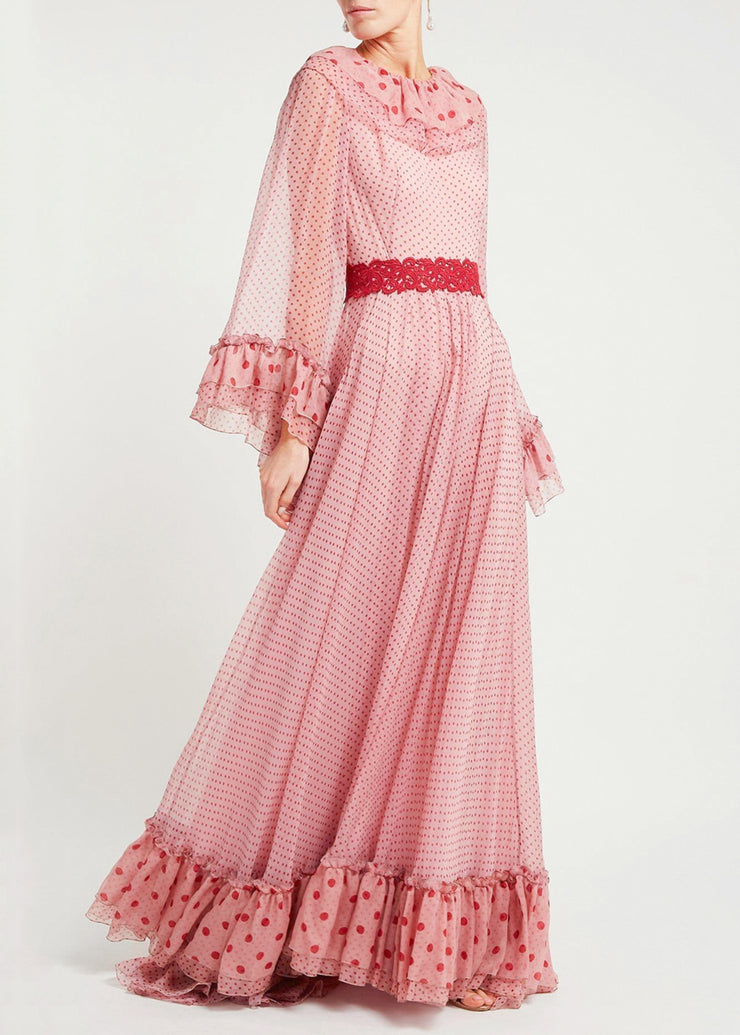 Elegant Pink Ruffled Dot Patchwork Chiffon Dresses Spring