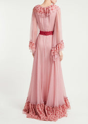 Elegant Pink Ruffled Dot Patchwork Chiffon Dresses Spring