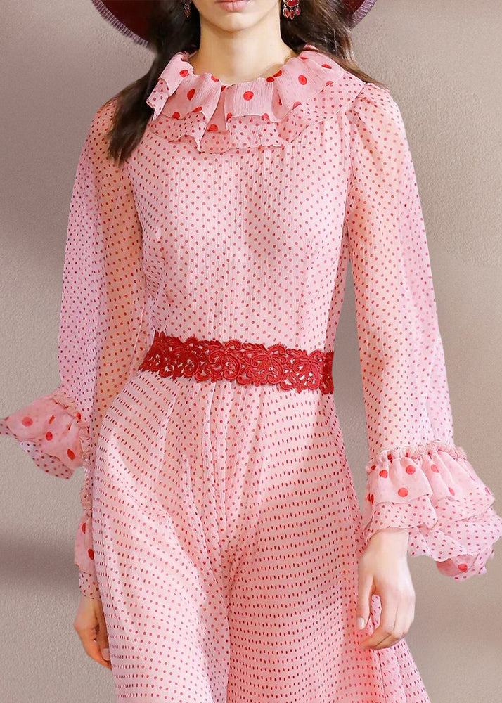 Elegant Pink Ruffled Dot Patchwork Chiffon Dresses Spring