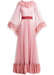 Elegant Pink Ruffled Dot Patchwork Chiffon Dresses Spring